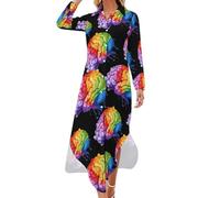 Rainbow Neurodiversity Autism Awareness Shirt Dresses For Women Long Sleeve Maxi Dress Button Down Shirt Dresses Swing Dress L