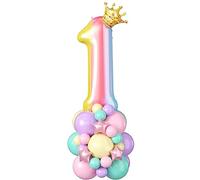 Rainbow Number 1 Balloon 40 Inch Gradient Number 1 Foil Balloons Giant Digital One Balloon Tower Stand with Star Crown Large Balloons Stack for Girls Women First 1st Birthday Baby Shower Party Decor