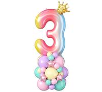 Rainbow Number 3 Balloon 40 Inch Gradient Number 3 Foil Balloons Giant Digital Three Balloon Tower Stand with Crown Large Big Balloons Stack for Girls Women Third 3rd Birthday Anniversary Party Decor
