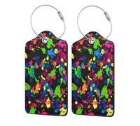 Rainbow of Neon Paint Splatters,Luggage Tags Pu Leather Name Tag Travel Suitcase Identifier ID Tags Durable Luggage Label 2 pcs
