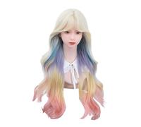 Rainbow Ombre Wigs Long Wavy Multicolor Wigs for Women with Bangs Lolita Natural Looking Synthetic Curly Hair Wig Costume Full Wig for Daily Party Use
