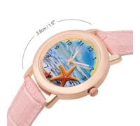 Rainbow Over The Sea Clouds and Beach Starfish Womens Elegant Watch Analogue Quartz Watch Leather Band Wristwatch