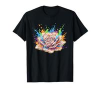 Rainbow Paint Explosion Blooming Rose Floral T-Shirt