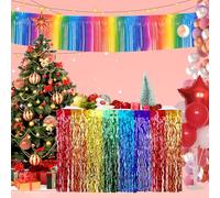 Rainbow Party Decorations 1 Wavy Metallic Tinsel Foil Fringe Table Skirt 1 Rainbow Tinsel Glitter Banner Pasteable Foil Fringe Tinsel Table Skirts for Christmas Birthday Wedding Carnival Pride Party