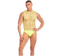 Rainbow Party Full Effect Men’s Fishnet Bodysuit &amp, Thong Set Neon Yellow