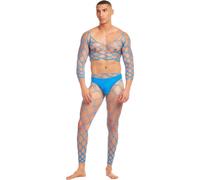 Rainbow Party Future Mode Men’s Geometric Fishnet Top, Leggings & Thong Set Blue, S/M