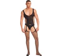 Rainbow Party Galaxy D Men’s Black Fishnet Suspender Bodystocking & Thong Set, S/M