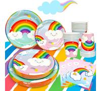 Rainbow Party Tableware Set,Serves 20 Rainbow Cloud Party Supplies Tableware Set-Rainbow Paper Plates Napkins Cups Table Cloth etc Rainbow Themed Tableware Decorations for Kids&Adults (81Pcs)