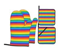 Rainbow Pattern Print 4-Piece Heat-Resistant Oven Waterproof Kitchen Gloves Cooking Roasting Essential