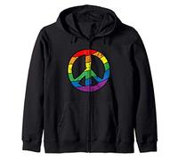 Rainbow Peace Sign LGBT Hippie Boho Gay Pride Distressed Zip Hoodie