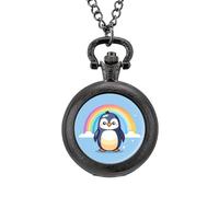 Rainbow Penguin Vintage Pocket Watch Alloy Pendant Watches Necklace Gift for Men Women Black-Style