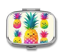 Rainbow Pineapple Cartoon Pill Box 2 Compartment, Portable Pill Case with Mirror for Pocket Purse Travel, Mini Metal Medicine Organizer for Vitamins Fish Oil