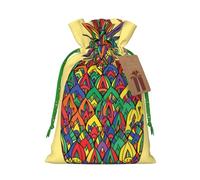 Rainbow Pineapple Printed Christmas Drawstring Bags with Green Ribbon - Reusable Burlap Drawstring Gift Pouches, S