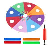 Rainbow Play Parachute with 9 Holes, 4 Air Rods and Inflator, Polyester Fabric, Interactive Mole Pounding Game, Indoor and Outdoor Activity Toy
