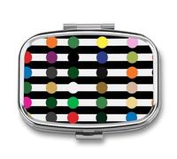 Rainbow Polka Dot Stripe Black and White Pill Box 2 Compartment, Portable Pill Case with Mirror for Pocket Purse Travel, Mini Metal Medicine Organizer for Vitamins Fish Oil