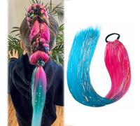 Rainbow Ponytail Extensions with Elastic Tie Glitter Mermaid Coloured Hair Extensions for Braiding Soft Natural Looking Pony Tail hairpiece for Girl Women Cosplay Party (Peach Red Lake Blue)