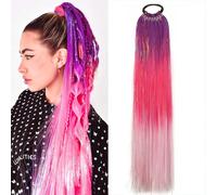 Rainbow Ponytail Extensions With Hair Tie 100g/Pack Coloured Hair Extensions for Braiding 24 inch Glitter Tinsel Hair Extension for Women Girl Kids Festival Party(Purple peach pink)