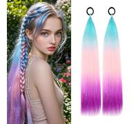 Rainbow Ponytail Extensions With Hair Tie 2 Packs 40g/Pack Coloured Hair Extensions for Braiding 18 inch Colorful Ombre Mermaid Pony Tail Synthetic Hair Extensions for Girl Women SS35