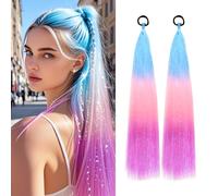 Rainbow Ponytail Extensions With Hair Tie 2 Packs 40g/Pack Coloured Hair Extensions for Braiding 18 inch Colorful Ombre Mermaid Pony Tail Synthetic Hair Extensions for Girl Women SS32