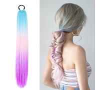 Rainbow Ponytail Extensions With Hair Tie 9 Strands Coloured Hairs for Braiding 26 Inch Glitter Hair Extensions Ponytail Colorful Straight Extensions Hair Accessories for Girls Women (D)