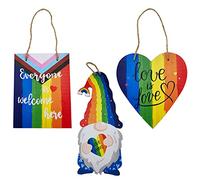 Rainbow Pride Decorations, Wood Hanging Signs, Love Wins/Every One Is Welcome Here/Gnome Hanging Decorations for Office Outdoor Double Sided Printing| Perfect for Rainbow Pride Party - SET of 3