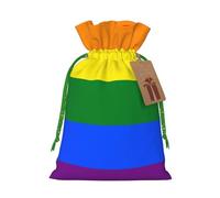 Rainbow Printed Christmas Drawstring Bags with Green Christmas Ribbon - Reusable Burlap Drawstring Gift Pouches, M