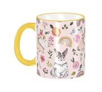 Rainbow Rabbits and Flowers Coffee Mug with Handle Tea Cup Mug Drinking Cups Ceramic Reusable Funny Novelty Coffee Mugs Travel Cup Drinkware Accessories for Home Office Cups Gifts 11oz