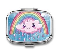 Rainbow Raindrops Pill Case Box with 2 Compartment Medicine Vitamin Organizer for Purse Pocket 5.5x4cm