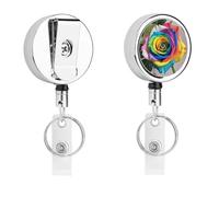 Rainbow Rose Badge Reel Retractable Stainless Steel Badge Clip with Lanyard Cute Badges Reel Holder Heavy-Duty Nurse Doctor Name Tag Badges Clip for Work
