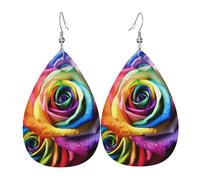 Rainbow Rose Earrings for Women Teardrop Leather Earring Double Sided Drop Dangle Earrings Lightweight Women's Ear Accessories Jewelry Fashion Birthday Gift