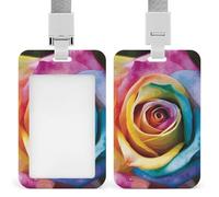 Rainbow Rose Flower Badge Holder Hard Plastic Card Case Protector Pouch Name Key Card Holder Case for Office ID Credit Cards and Proximity Key Cards