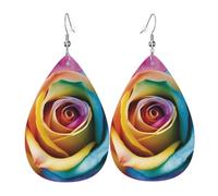 Rainbow Rose Flower Earrings for Women Teardrop Leather Earring Double Sided Drop Dangle Earrings Lightweight Women's Ear Accessories Jewelry Fashion Birthday Gift