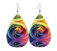 Rainbow Rose Flower Leather Earring For Women Teardrop Dangle Printed Fashion Accessories Daily Wear Party