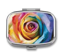 Rainbow Rose Flower Pill Box 2 Compartment, Portable Pill Case with Mirror for Pocket Purse Travel, Mini Metal Medicine Organizer for Vitamins Fish Oil
