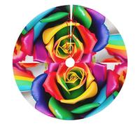Rainbow Rose Flower Print Christmas Tree Skirt, Winter Xmas Tree Mat Decorations For Home Party Holiday Decorations