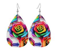 Rainbow Rose Flower Print Leather Earrings - Dangle Drop Earrings, Lightweight Teardrop Jewelry, Costume Party Pendants