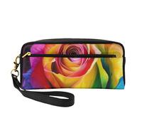 Rainbow Rose Flower Printed Leather Makeup Bags with Wrist Strap Portable Travel Toiletry Bag Cosmetic Organizer Bag for Women
