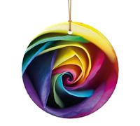 Rainbow Rose Flower Printed Round Xmas Ornaments 7.3cm, Christmas Ceramic Pendant Hanging for Xmas Tree Home Indoor Outdoor Decor 1 Pcs
