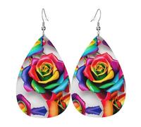 Rainbow Rose Flower Printed Teardrop Leather Earrings, Fashion Water Drop Dangle Accessory for Holiday Party