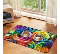Rainbow Rose Patterned Pet Feeding Mat with Water-Absorbing PU Top & Rubber Base - Anti-Slip Dog Cat Food Mat for Cats, Dogs & Pets, 40x60cm
