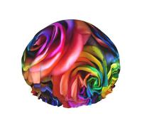 Rainbow Rose Print Shower Essentials Bonnet For Women, Large Washable Elastic Band Bath Hair Wrap Shower Cap