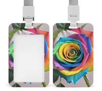 Rainbow Rose Retractable ID Badge Holder with Lanyard - Vertical Badge Reel,Keychain Clip,Name Tag Id Card Holder Protector for Nurse Officer Teacher Security Staff Women Men