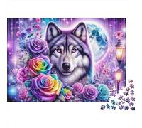 Rainbow Rose Wolf 1000 Piece Jigsaw Puzzle for Adults & Teens, Recycled Paper, Rose Wolf Moon, Relaxation Entertainment, Improves Memory & Hand-Eye Coordination for Home 38x26cm/1000pcs