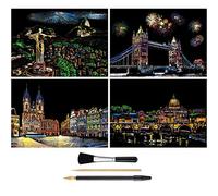 Rainbow Scratch Art Painting Paper (A4) for Teens & Adults, DIY Night View Scratchboard, Engraving Art Set: 4 Sheets Scratch Cards & Drawing Pen, Clean Brush (Tower Bridge/Italy/Brazil/Prague)