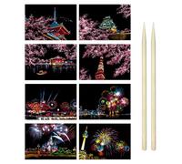 Rainbow Scratch Art Paper Set for Adults and Kids, Cherry Blossom & Fireworks City Series Night Theme Arts, Easy-Reveal Scratch Art Book with 2 Bamboo Sticks, Versatile Drawing Paper for Creative Fun
