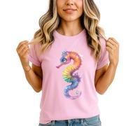 Rainbow Seahorse Marine Life Womens Graphic T-Shirt Watercolour Ocean Animals Tee L (16-18)