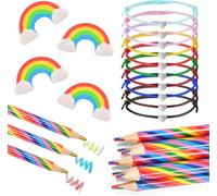 Rainbow Series Pencil Eraser Set, 10 Erasers, 10 Coloured Pencils 4 in 1, 10 Adjustable Heart Rope Bracelets for Office, Home, School, Children, Drawing and Sketching
