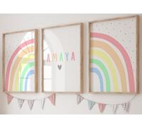 Rainbow Set of 3 Personalised Unframed Poster Prints, Girl Boy Nursery Decor Wall Art, Playroom Poster, Bedroom Prints, Pastel Rainbow Blue Green Polka Dot (A3)
