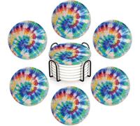Rainbow Set of 6 Coasters Absorbent Ceramic Drink Mats with Cork Base & Metal Holder, Spill Protectors for Mugs/Cups, Cheerful Home/Bar Decor