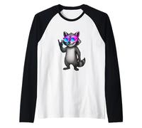 Rainbow Shades Raccoon Rock Hand Cartoon Spotlight Vibes Art Raglan Baseball Tee